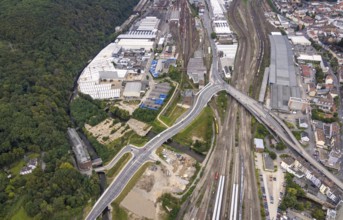 Aerial view, Westside City construction area and construction site between new road with river
