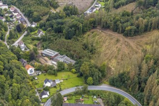Aerial view, forest damage on Rölveder Straße and timber operation in the Rummenohl district in