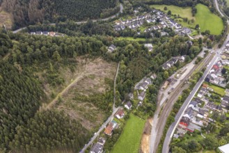 Aerial view, forest damage in the Rummenohl district of Hagen, Ruhr area, North Rhine-Westphalia,