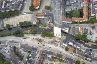Aerial view, construction site and new construction of the flood-damaged market bridge over the
