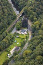 Aerial view, railway bridge over the river Volme in the district Rummenohl in Hagen, Ruhr area,