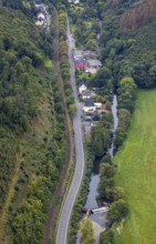 Aerial view, river Volme with weir at the Rummenohler Straße in the district Rummenohl in Hagen,