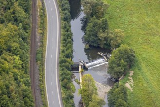 Aerial view, river Volme with weir in the district Rummenohl in Hagen, Ruhr area, North