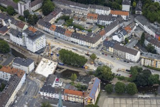Aerial view, construction site and new construction of the flood-damaged market bridge over the