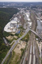 Aerial view, Westside City construction area and construction site between new road with river