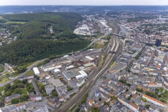 Aerial view, Deutsche Edelstahlwerke Schwanenstraße at Hagen main station and forest area