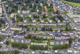 Aerial view, colourful house facades of the GWG housing estate on the street Am Quambusch in the