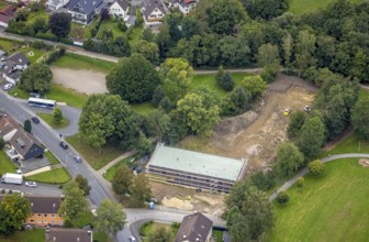Aerial view, construction site and new building at Quambusch for day care centre Jungfernbruch 96
