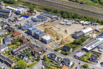 Aerial view, construction site at Annabergstraße for new construction of flats, former company site