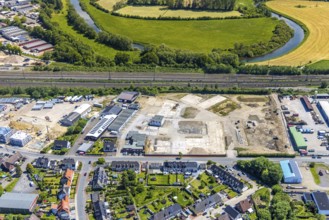 Aerial view, construction site at Annabergstraße for new construction of flats, former company site