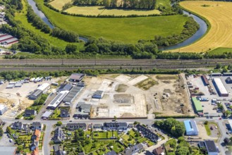 Aerial view, construction site at Annabergstraße for new construction of flats, former company site