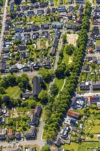 Aerial view, park with playground and football pitch at the Römerstraße, catholic parish church St.