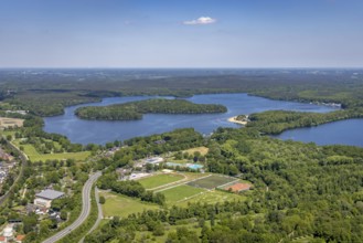 Aerial view, Haltern reservoir, Hullerner Straße, sports ground TuS Haltern am See, leisure pool