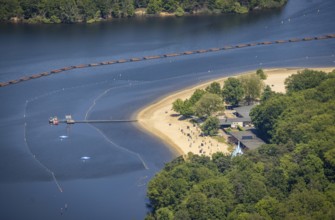 Aerial view, preparation for the bathing season, Haltern reservoir, Haltern south beach with sandy