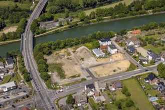 Aerial view, construction site at Flaesheimer Straße next to the canal bridge, Wesel-Datteln-Kanal,