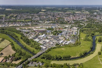 Aerial view, industrial estate south Recklinghäuser Straße, river Lippe with Lippebogen, canal