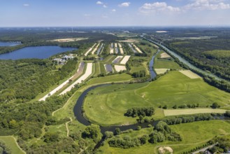 Aerial view, Gelsenwasser AG waterworks Haltern, filter basin, Haltern reservoir south basin, river