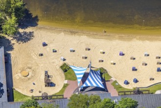 Aerial view, preparation for the bathing season, Haltern reservoir, Haltern south beach with sandy