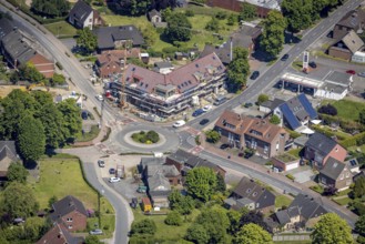 Aerial view, construction site and new building Hellweg / Thiestraße at roundabout, Sythen, Haltern