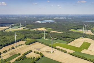 Aerial view, forest area and wind farm Lavesumer Straße in Uphusen, Haltern am See, Ruhr area,