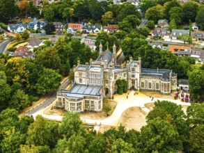 Highcliffe Castle from drone, Highcliffe, Dorset, England, United Kingdom