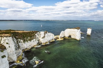 White Cliffs of Old Harry Rocks Jurassic Coast from a drone, Handfast Point, Dorset Coast, Poole,