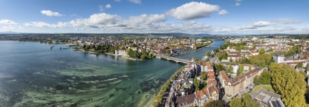 Aerial view, panorama of Lake Constance and the Seerhein also Rhine funnel with the city of