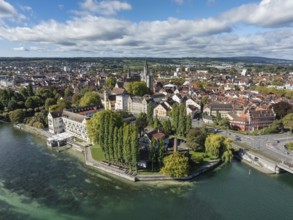 Aerial view of Lake Constance with the Seerhein, also Rhine funnel and the old town of Constance,