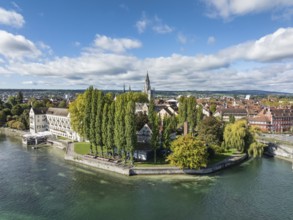 Aerial view of Lake Constance with the Seerhein, also Rhine funnel and the old town of Constance,