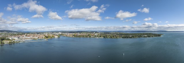 Aerial view, panorama of Lake Constance and the Seerhein including the Rhine funnel with the city