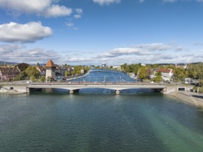 Aerial view of the Seerhein also known as the Rhine funnel with the old Rhine bridge, where the