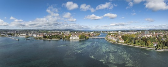 Aerial view, panorama of Lake Constance and the Seerhein including the Rhine funnel with the city