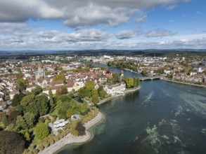 Aerial view of Lake Constance with the Seerhein, also Rhine funnel and the old town of Constance