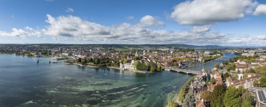 Aerial view, panorama of Lake Constance and the Seerhein also Rhine funnel with the city of