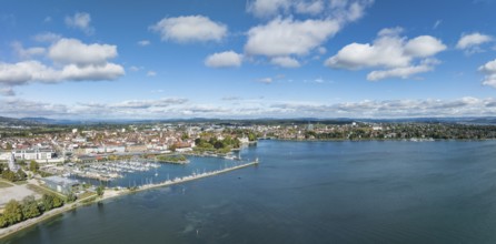 Aerial view, panorama of Lake Constance and the Seerhein including the Rhine funnel with the city