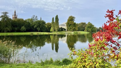 Wörlitz Park with a view of Wörlitz Palace, church, Dessau-Wörlitz Garden Kingdom, Unesco World