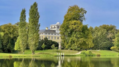 Wörlitz Park with a view of Wörlitz Palace, church, Dessau-Wörlitz Garden Kingdom, Unesco World