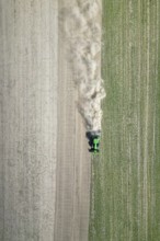 Field work, tractor, ploughing, cultivating, sowing peas, fertilising, dryness, drought,