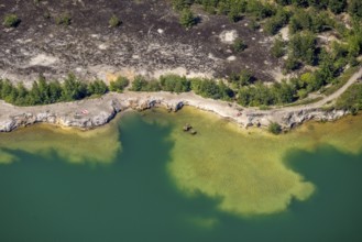 Aerial view, rocky beach at Silbersee II, Lehmbraken, Haltern am See, Ruhr area, North