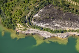 Aerial view, rocky beach at Silbersee II, Lehmbraken, Haltern am See, Ruhr area, North
