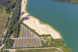 Aerial view, Silbersee II with sandy lido and lido, Lehmbraken, Haltern am See, Ruhr area, North
