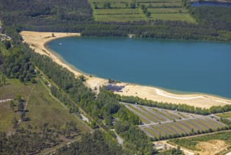 Aerial view, Silbersee II with sandy lido and lido, Lehmbraken, Haltern am See, Ruhr area, North