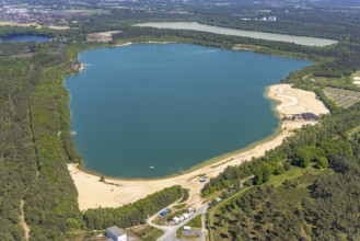 Aerial view, Silbersee II with sandy lido and lido, Lehmbraken, Haltern am See, Ruhr area, North