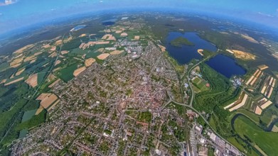 Aerial view, fisheye view of the old town and the Haltern reservoir, Haltern town, Haltern am See,
