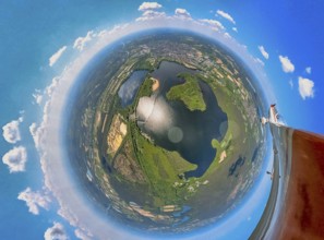 Aerial view, fisheye view of Haltern reservoir with motorised glider, Haltern town, Haltern am See,