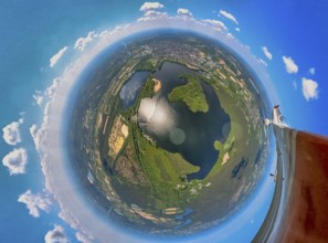 Aerial view, fisheye view of Haltern reservoir with motorised glider, Haltern town, Haltern am See,