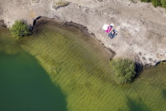 Aerial view, rocky beach at Silbersee II, Lehmbraken, Haltern am See, Ruhr area, North