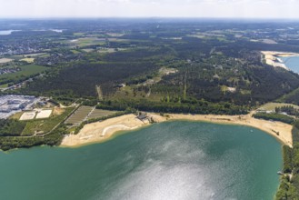 Aerial view, Silbersee II with sandy lido and lido, Lehmbraken, Haltern am See, Ruhr area, North