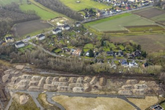 Aerial view sand hill at Ost colliery and construction site in Goerallee in Hamm, Ruhr area, North