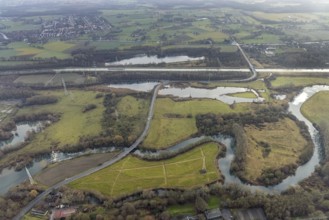 Aerial view of the nature reserve Am Tibaum, river Lippe meander and Datteln-Hamm canal, water weir